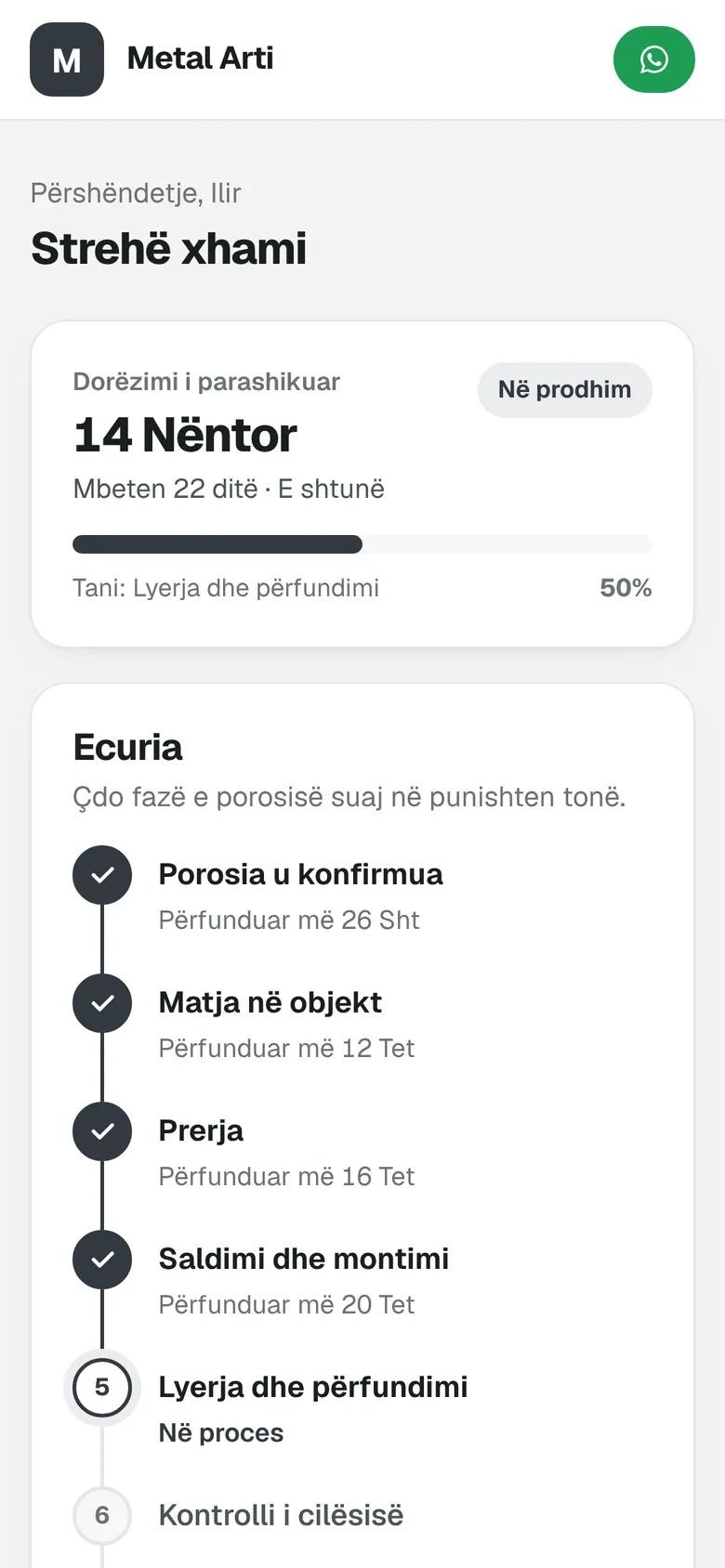 Portali i klientit në celular me fazat e prodhimit dhe pagesat