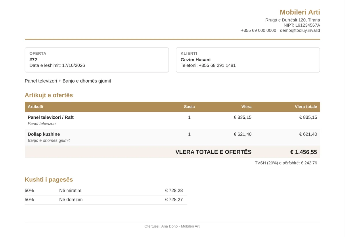 Oferta në PDF me emrin dhe ngjyrën e punishtes