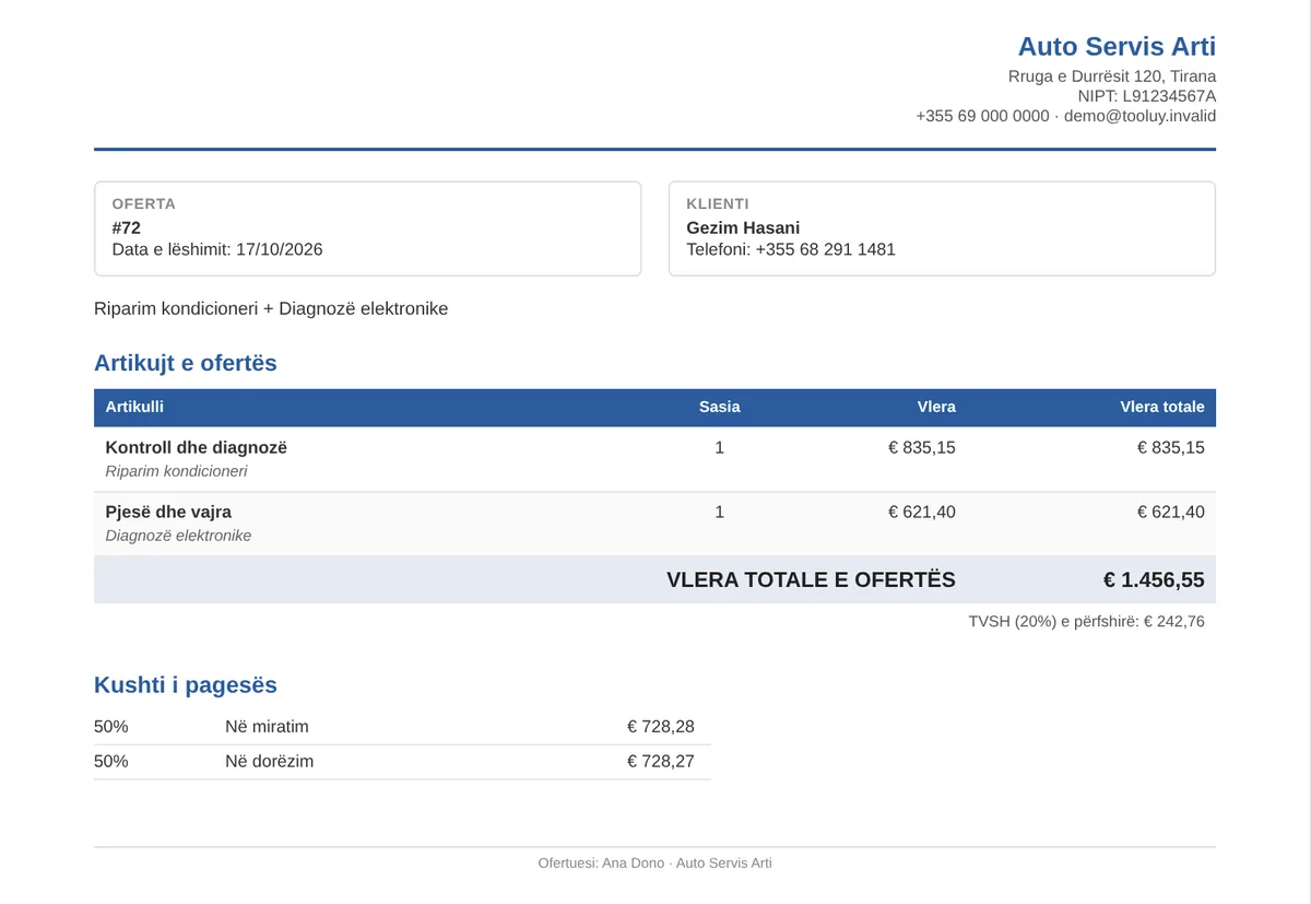 Oferta në PDF me emrin dhe ngjyrën e servisit