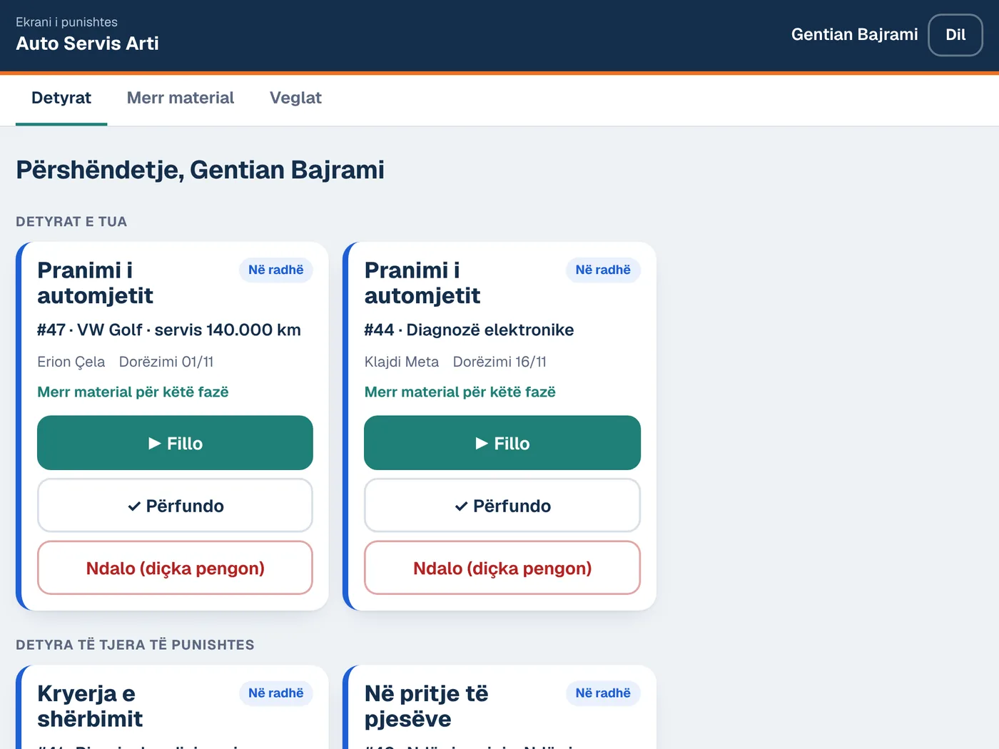 Ekrani i punës për Servise makinash
