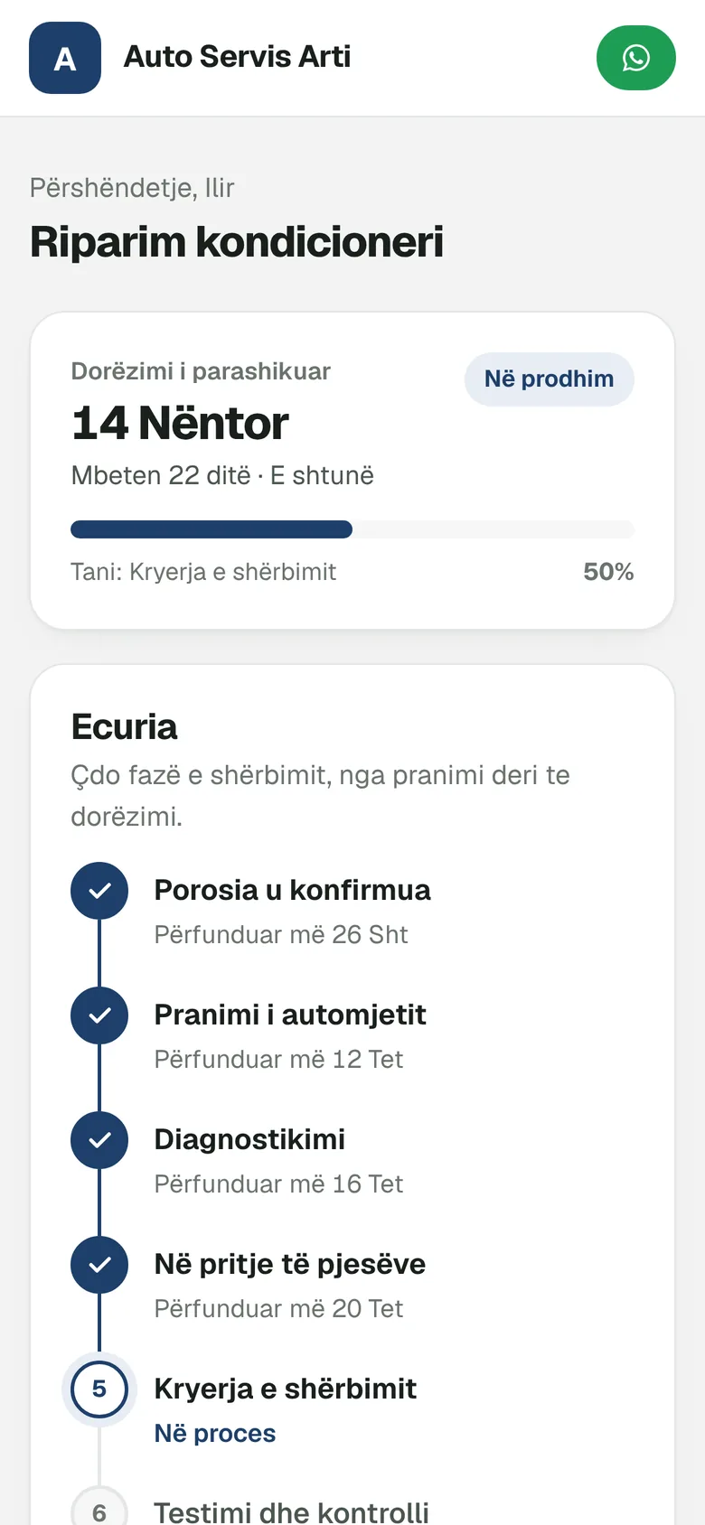Portali i klientit në celular me fazat e punës dhe pagesat