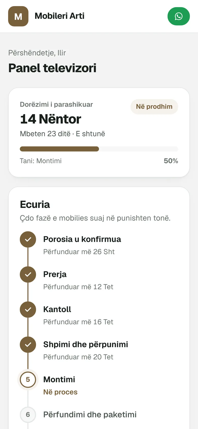 Portali i klientit në celular me fazat e prodhimit dhe pagesat