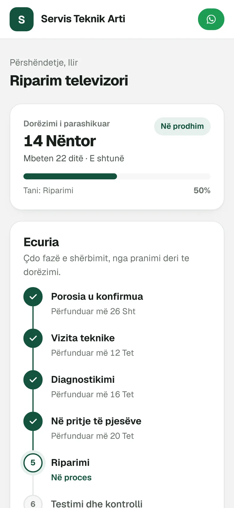 Portali i klientit në celular me fazat e punës dhe pagesat